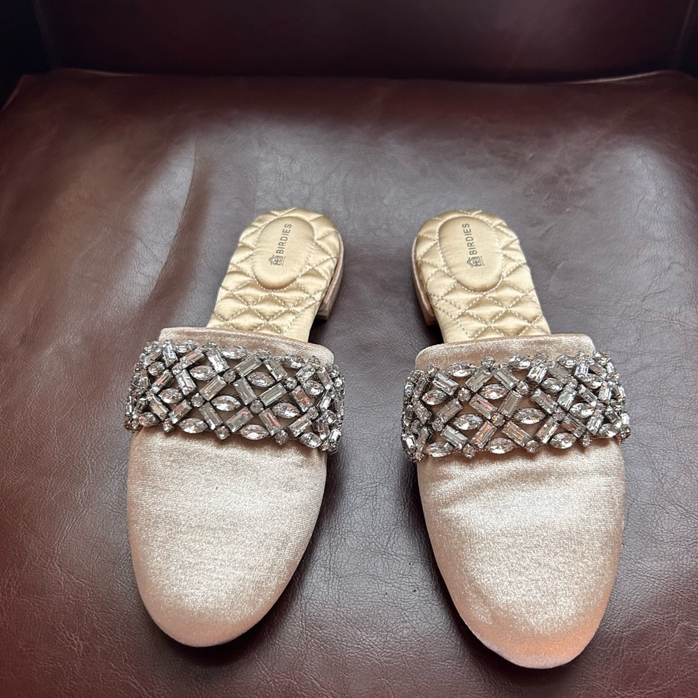 Birdie Flats.  Cream velvet mule with crystal details.